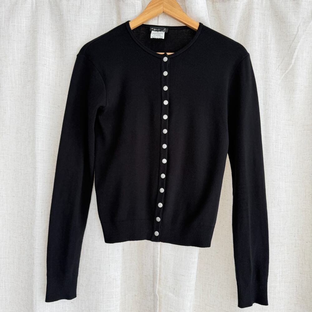 Agnes B. Swing Snap Button Cardigan Size 2 Medium Black Cotton Knit Quiet Luxury